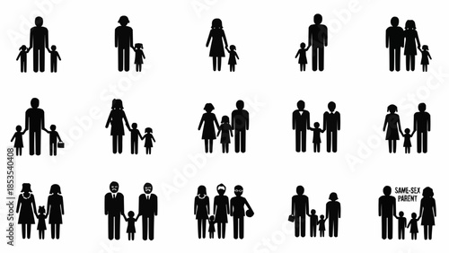 Collection of diverse family unit icons representing different family structures.
