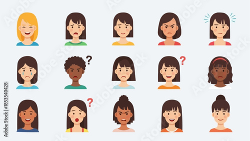 Collection of diverse female avatars expressing various emotions and feelings.