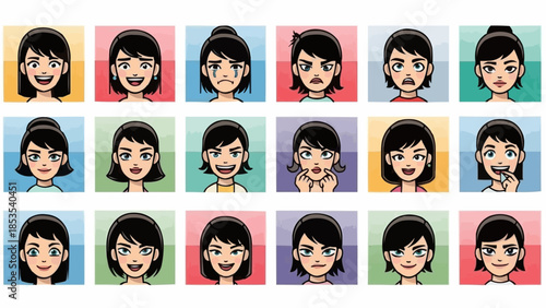 Collection of Diverse Female Avatars Expressing Various Emotions.