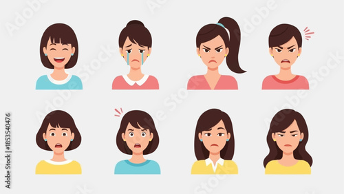 Collection of Diverse Female Emotions Expressed Through Avatars.