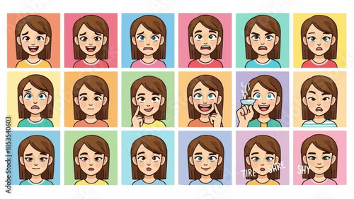 Collection of Diverse Female Facial Expressions and Emotions Illustrated.