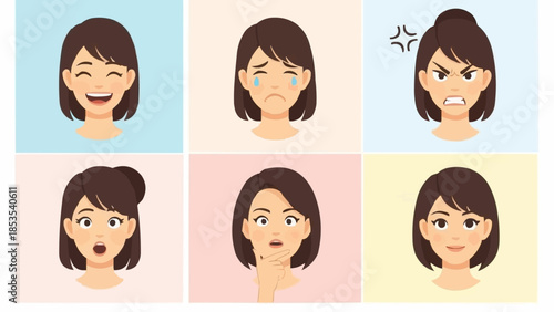 Collection of diverse female facial expressions showing emotions.