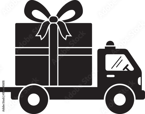 Delivery truck carrying a large gift box icon silhouette vector black on a white background