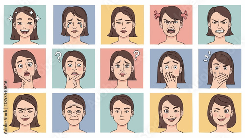 Collection of diverse female facial expressions showing various emotions.