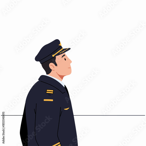 Illustration of a professional airline pilot in uniform, standing profile view, ready for flight duties against a minimalist white background.