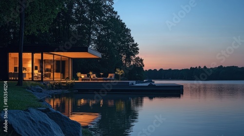 Modern Lakeside Cabin at Sunset