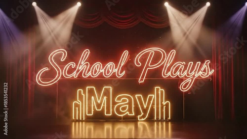 Neon Sign Illuminates a Stage with School Plays May Text and Spotlights.