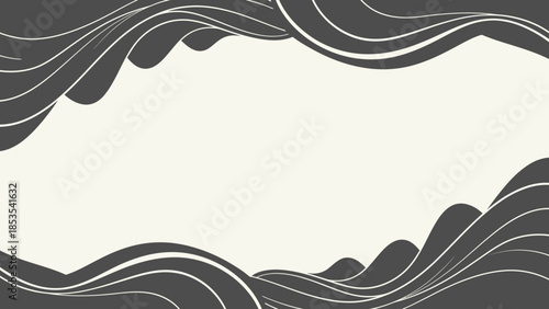 Abstract Waves Frame, Dark Gray Swirls and White Lines on Cream Background