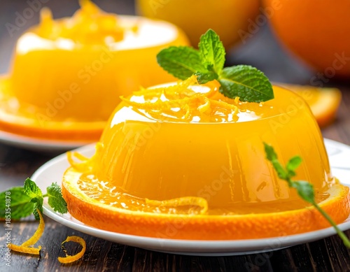 Close-up of orange jelly desserts, garnished with citrus zest & mint