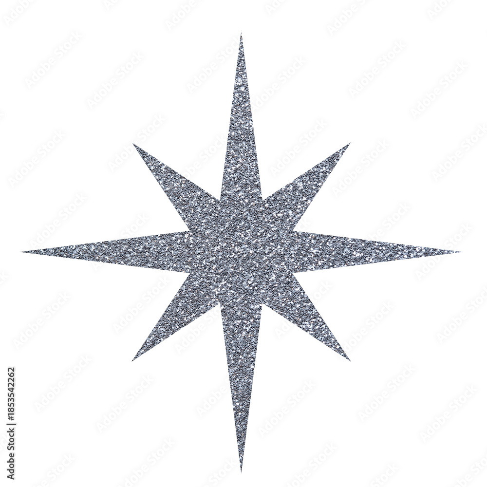 Fototapeta premium Silver glitter eight pointed star. Shiny compass shape for decoration