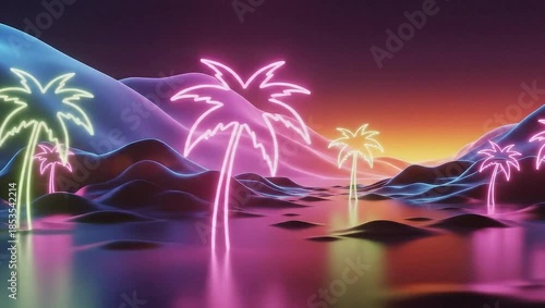 Neon Palm Trees Reflecting in Water at Sunset.