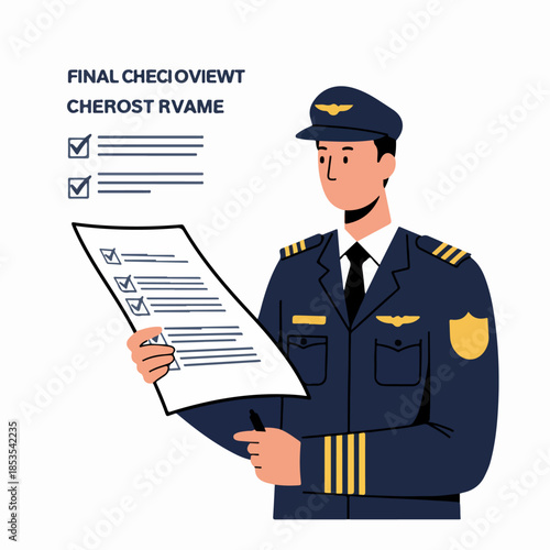 Professional airline pilot reviewing a pre-flight checklist document while preparing for departure, detailed flat vector illustration.