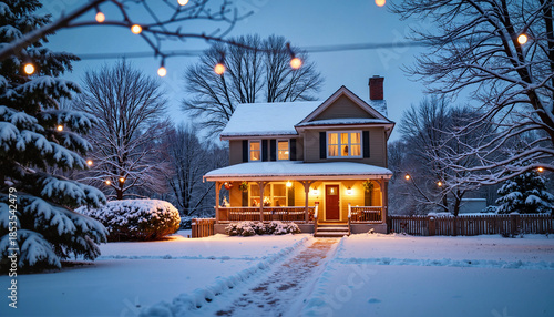 Cozy snow-covered house illuminated at dusk, festive warmth