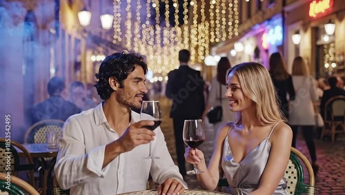 A romantic couple enjoying a glass of wine at an outdoor restaurant with festive lights.