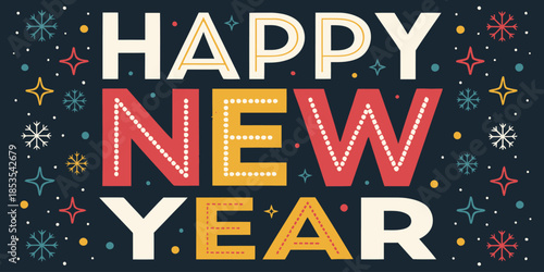 Vibrant Happy New Year celebration graphic with colorful snowflakes