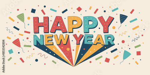Vibrant Happy New Year celebration with colorful confetti and festive decorations