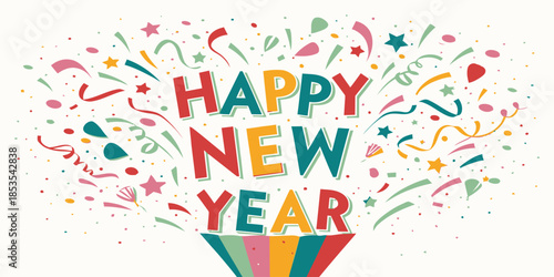 Vibrant Happy New Year celebration with colorful confetti and stars