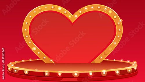 Elegant Empty Stage with Golden Lines and Heart Shaped Frame for Valentine Day Celebration or Romantic Event