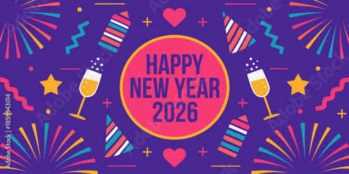 Vibrant Happy New Year 2026 celebration with colorful fireworks and champagne