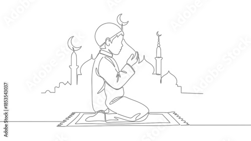 Boy praying, Islamic culture, continuous line art, mosquecrescent moon symbol