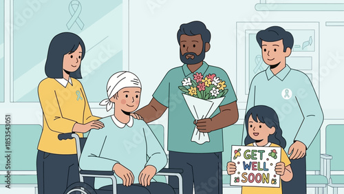 Cancer patient receiving support from family and friends in hospital