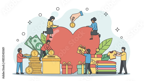 Charity and Donation Concept: People Giving Money, Gifts, and Clothes to Help Others