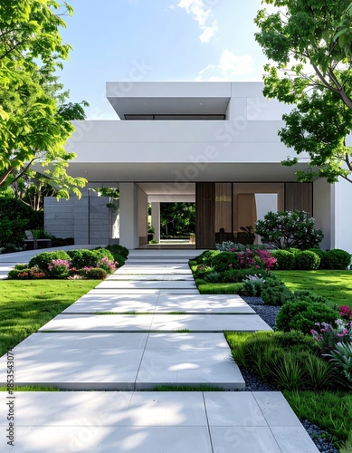 Modern white house with manicured gardens and entrance