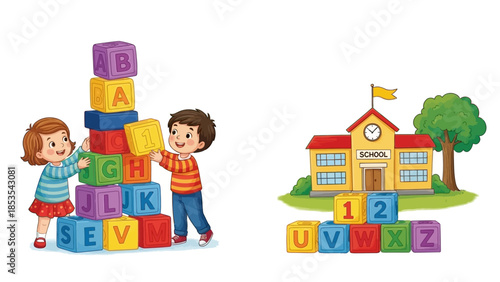 Children building alphabet blocks near school, early education concept