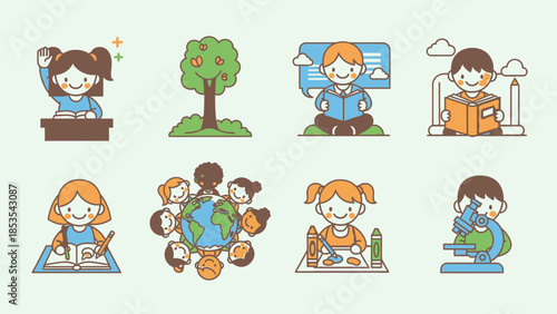Children learning and playing, back to school concept, diverse kids, education icons