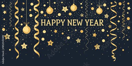 Golden New Year's celebration background with ornaments and ribbons