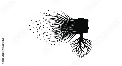 Silhouette of a woman's head with flowing hair transforming into stardust and roots symbolizing nature and growth
