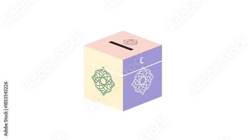 A stylized illustration of a two-tone ballot or donation box with Islamic geometric patterns and a crescent moon symbol.