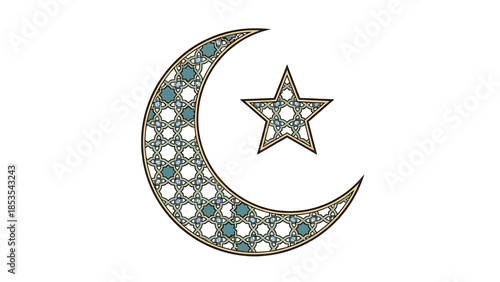 Intricate geometric pattern fills a crescent moon and star, symbolizing Islamic art and culture on a white background.