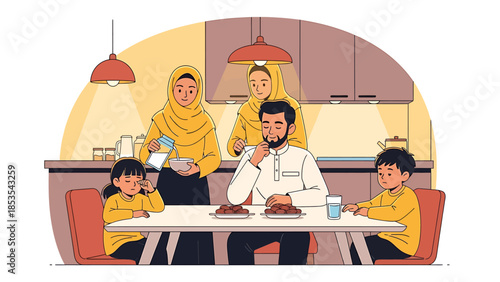 A Muslim family, including a father, two mothers, a daughter, and a son, gathered around a kitchen table, preparing to share a meal together.