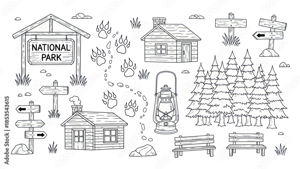 Fototapeta premium Outlined national park elements cabins trees signs lanterns vector illustration