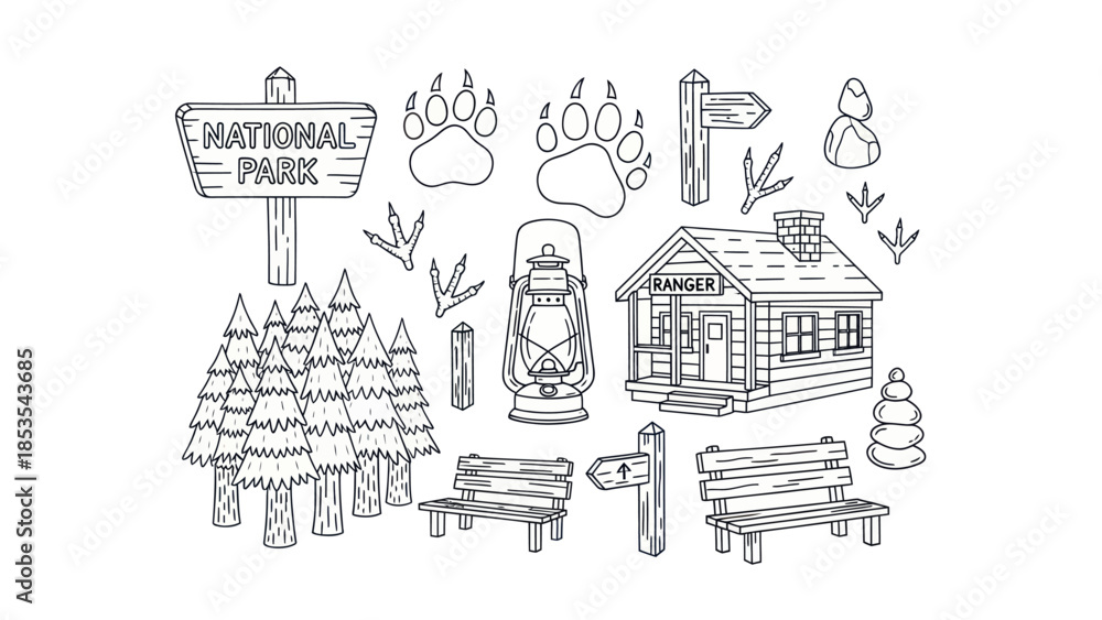 Fototapeta premium Outlined national park elements sign cabin trees and wildlife tracks