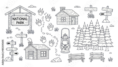 Outlined national park elements cabins trees signs lanterns vector illustration