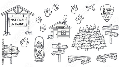Outlined national park elements entrance sign cabins trails and trees