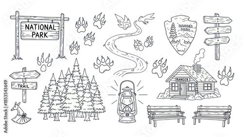 Outlined national park elements signs trees trail and footprints vector set