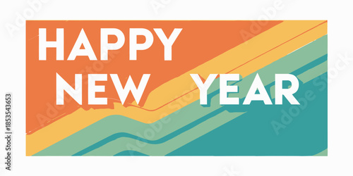 Layered paper-cut style with “Happy New Year” text, smooth flat vector shapes, soft shadows, modern minimal look, festive colorful background