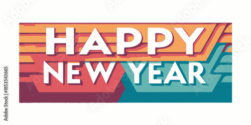Layered paper-cut style with “Happy New Year” text, smooth flat vector shapes, soft shadows, modern minimal look, festive colorful background