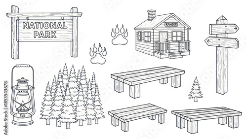 Outlined national park elements wooden sign cabin trees bench and lantern