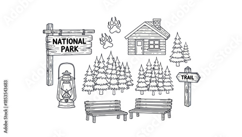Outlined national park elements wooden sign cabin trees benches lanterns paw prints