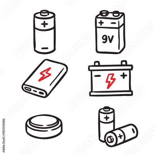Hand drawn Battery power energy charging electric icons