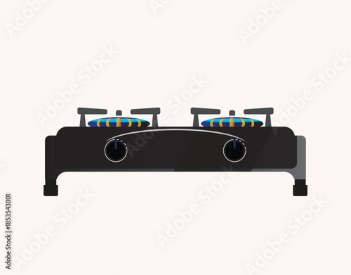 Modern double burner gas stove with control knobs vector, illustration.
