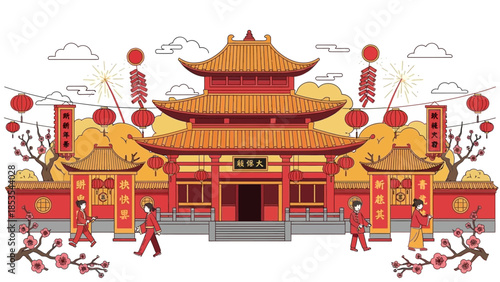 Chinese New Year Celebration with Traditional Temple, Lanterns, and Firecrackers