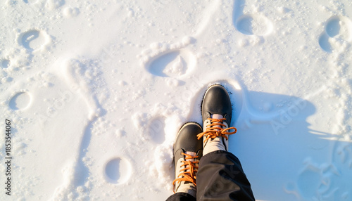 Snow boots on snowy landscape at dawn, nature exploration