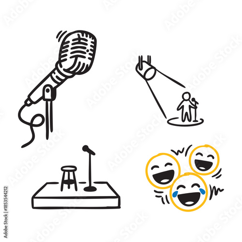 Hand drawn icons of Podcast microphone recording emotions