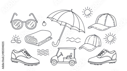 Outlined summer items sunglasses umbrella golf cart and accessories