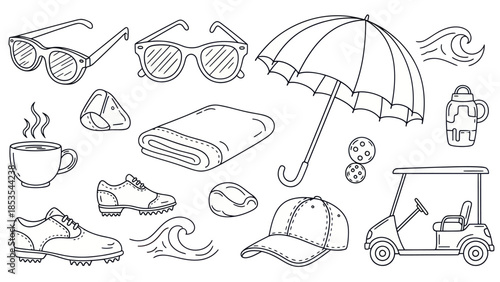 Outlined summer objects collection sunglasses umbrella beach essentials golf cart